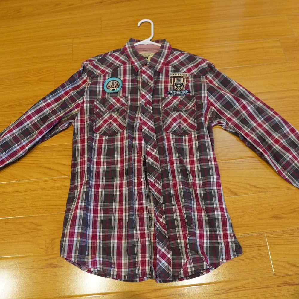 Manchester Football Club Button Up - Red Stripe - Size Large